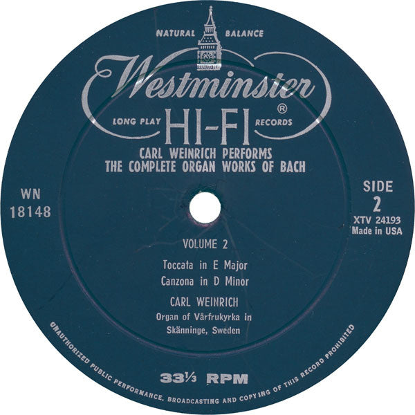 Johann Sebastian Bach - Carl Weinrich : Complete Organ Works, Volume 2 (LP, Mon)