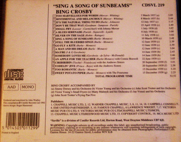 Bing Crosby : Sing A Song Of Sunbeams (CD, Comp, Mono)