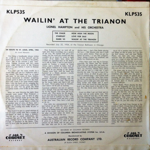 Lionel Hampton And His Orchestra : Wailin' At The Trianon (LP, Album, Mono)
