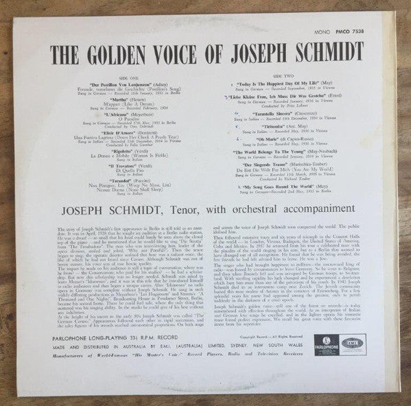 Joseph Schmidt : The Golden Voice Of Joseph Schmidt (LP, Comp, Mono)