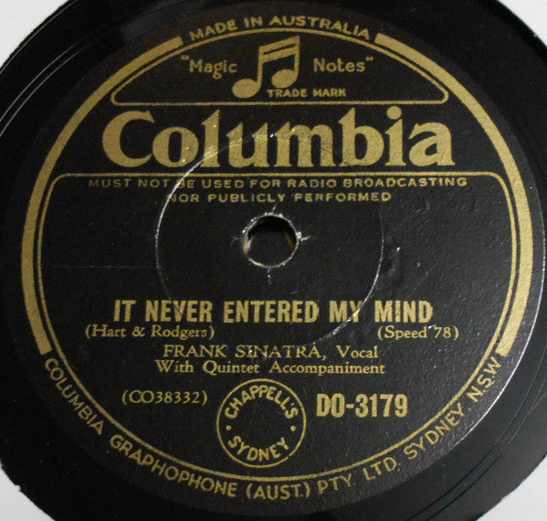 Frank Sinatra : It Never Entered My Mind / I've Got A Crush On You (Shellac, 10")