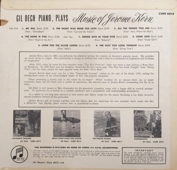 Gil Dech : Plays Music Of Jerome Kern (10")