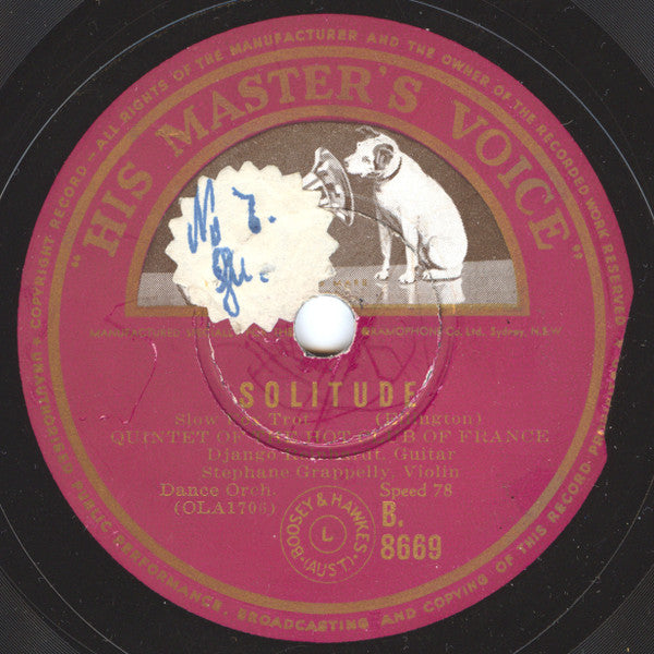 Quintette Du Hot Club De France : Solitude / When Day Is Done (Shellac, 10")
