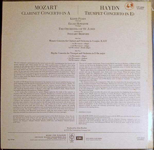 Wolfgang Amadeus Mozart / Joseph Haydn, Keith Puddy / Elgar Howarth, The Ensemble Of St. James Conducted By Steuart Bedford : Clarinet Concerto In A / Trumpet Concerto In E♭ (LP)