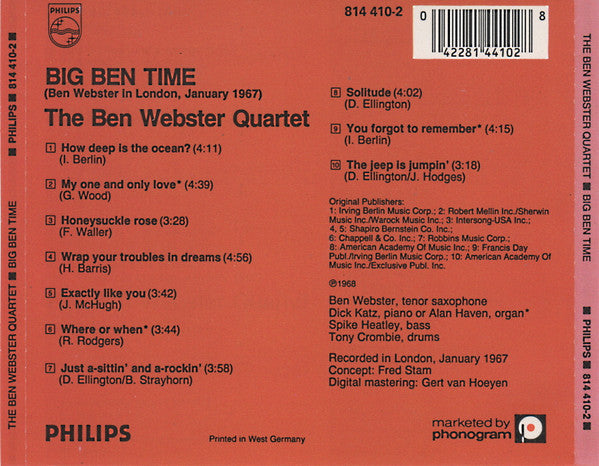 Ben Webster, The Ben Webster Quartet* : Big Ben Time! (CD, Album, Red)