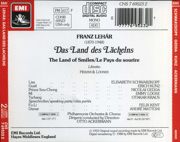 Franz Lehár / Elisabeth Schwarzkopf, Otto Ackermann : Das Land Des Lächelns (2xCD, Album, Mono, RM)