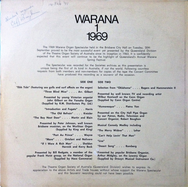 Theatre Organ Society Of Australia (Queensland Division)* : Warana Organ Spectacular (LP, Album)