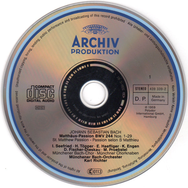 Johann Sebastian Bach - Irmgard Seefried, Hertha Töpper, Ernst Haefliger, Kieth Engen, Dietrich Fischer-Dieskau, Münchener Bach-Chor, Münchener Bach-Orchester, Karl Richter : Matthäus-Passion, BWV 244 (3xCD, Album, RE, RM)