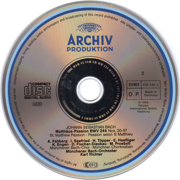 Johann Sebastian Bach - Irmgard Seefried, Hertha Töpper, Ernst Haefliger, Kieth Engen, Dietrich Fischer-Dieskau, Münchener Bach-Chor, Münchener Bach-Orchester, Karl Richter : Matthäus-Passion, BWV 244 (3xCD, Album, RE, RM)