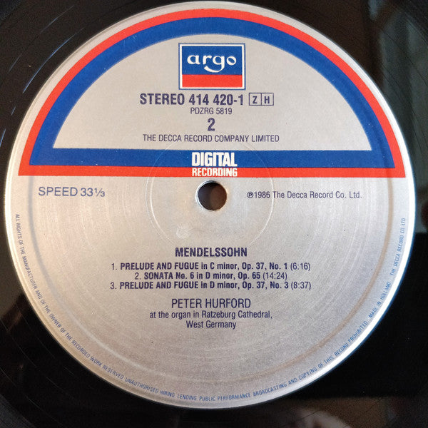 Felix Mendelssohn-Bartholdy, Peter Hurford : Organ Works (LP)