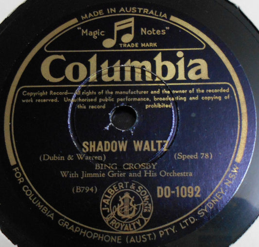 Bing Crosby With Jimmy Grier And His Orchestra : Shadow Waltz / I've Got To Sing A Torch Song (Shellac, 10")