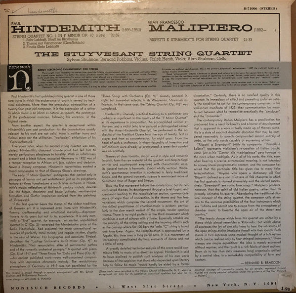 Hindemith* / Malipiero*, The Stuyvesant String Quartet : String Quartet No. 1 In F Minor Op. 10/Rispetti E Strambotti For String Quartet (LP)