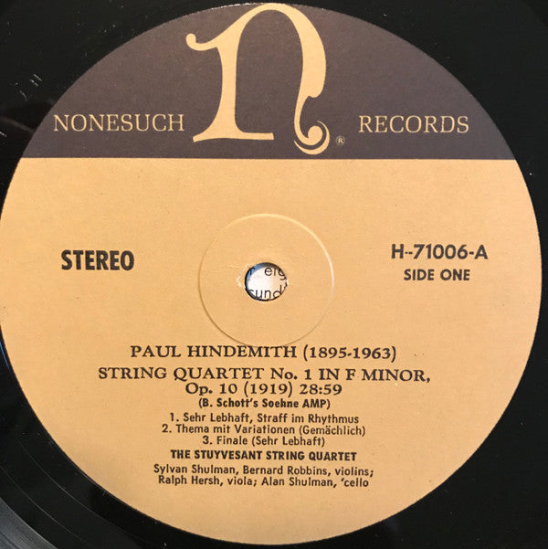 Hindemith* / Malipiero*, The Stuyvesant String Quartet : String Quartet No. 1 In F Minor Op. 10/Rispetti E Strambotti For String Quartet (LP)