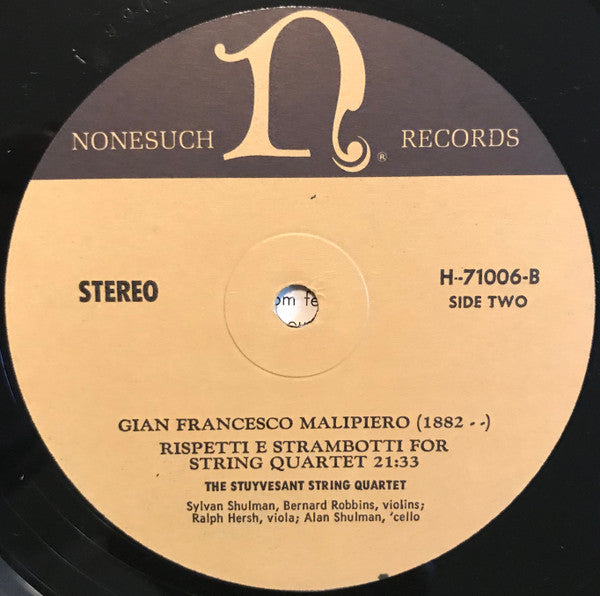 Hindemith* / Malipiero*, The Stuyvesant String Quartet : String Quartet No. 1 In F Minor Op. 10/Rispetti E Strambotti For String Quartet (LP)
