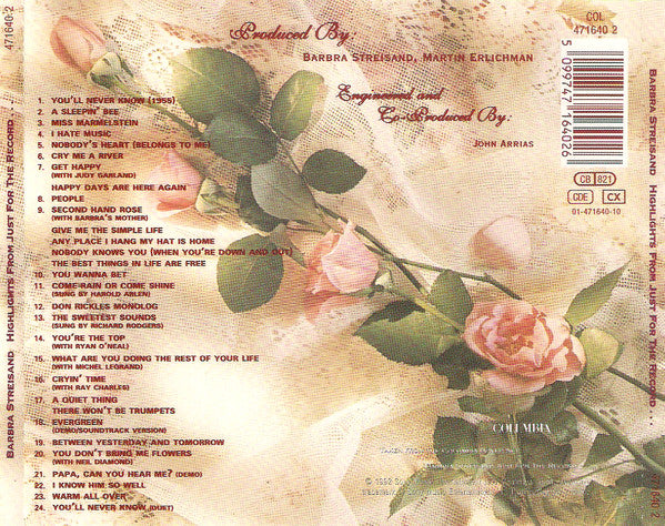 Barbra Streisand : Highlights From Just For The Record... (CD, Comp, RE)