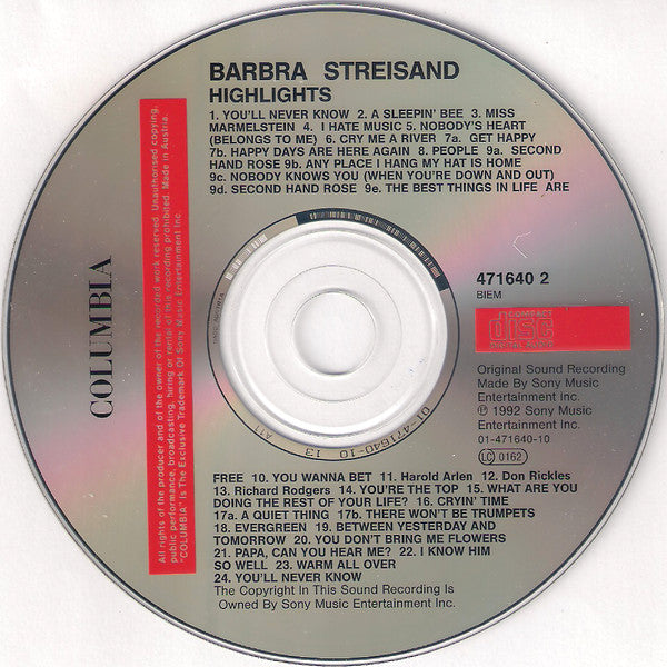 Barbra Streisand : Highlights From Just For The Record... (CD, Comp, RE)