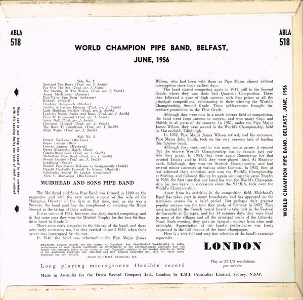 Muirhead And Sons Pipe Band* : World Champion Pipe Band Belfast, June 1956 (10")