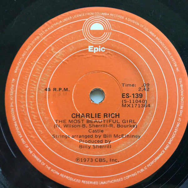 Charlie Rich : The Most Beautiful Girl  (7", Single)