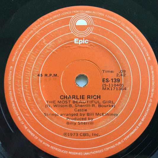Charlie Rich : The Most Beautiful Girl  (7", Single)