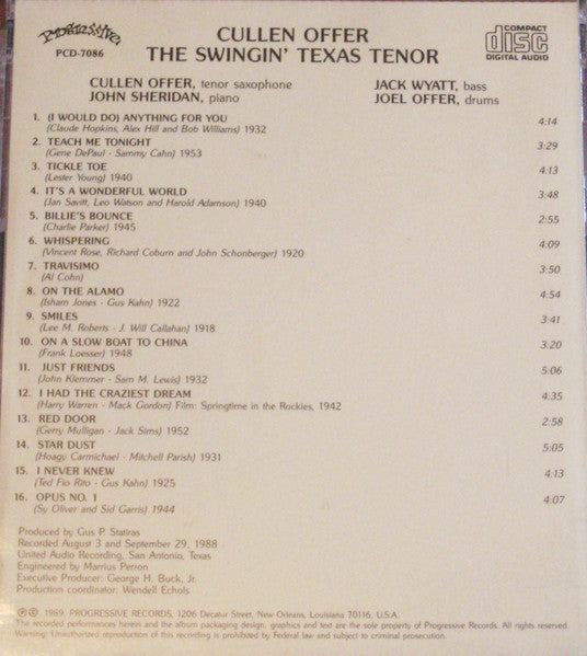 Cullen Offer : The Swingin' Texas Tenor (CD, Album)