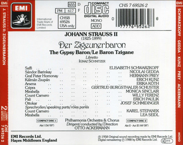 Johann Strauss II*, Schwarzkopf*, Gedda*, Kunz*, Prey*, Otto Ackermann : Der Zigeunerbaron = The Gypsy Baron = Le Baron Tzigane (2xCD, Album, Mono, RE, RM)