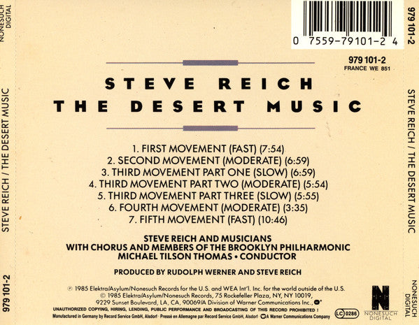 Steve Reich - Michael Tilson Thomas / Steve Reich And Musicians With The Brooklyn Philharmonic Chorus And The Brooklyn Philharmonic Orchestra / William Carlos Williams : The Desert Music (CD, Album)