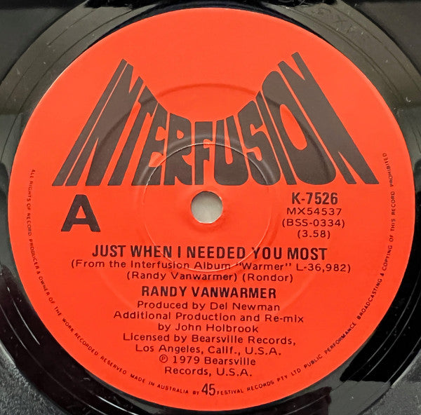 Randy Vanwarmer : Just When I Needed You Most (7", Single, Fir)