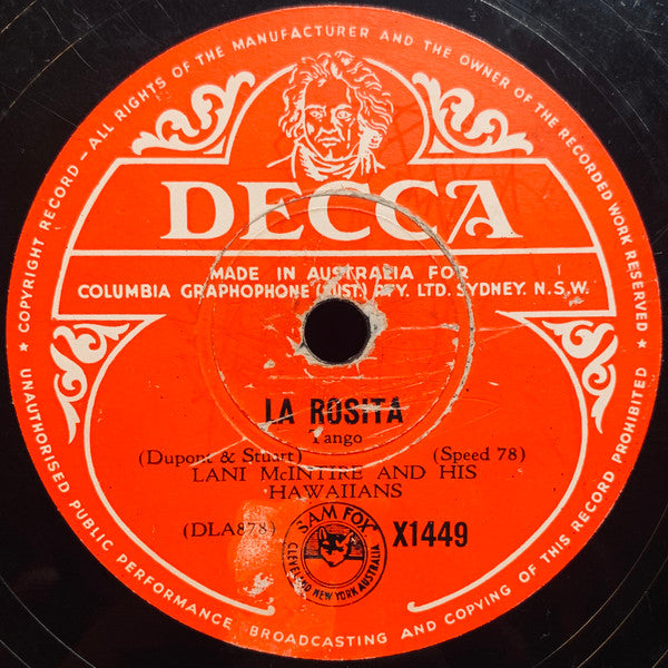 Lani McIntire And His Hawaiians : La Cumparsita / La Rosita (Shellac, 10")