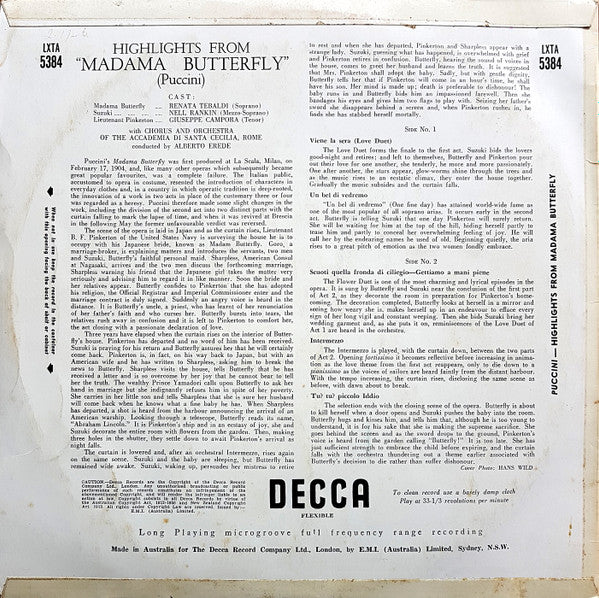 Giacomo Puccini, Renata Tebaldi, Nell Rankin, Giuseppe Campora, Coro dell'Accademia Nazionale di Santa Cecilia And Orchestra dell'Accademia Nazionale di Santa Cecilia, Alberto Erede : Highlights From Madama Butterfly (LP, Mono)