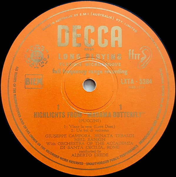 Giacomo Puccini, Renata Tebaldi, Nell Rankin, Giuseppe Campora, Coro dell'Accademia Nazionale di Santa Cecilia And Orchestra dell'Accademia Nazionale di Santa Cecilia, Alberto Erede : Highlights From Madama Butterfly (LP, Mono)