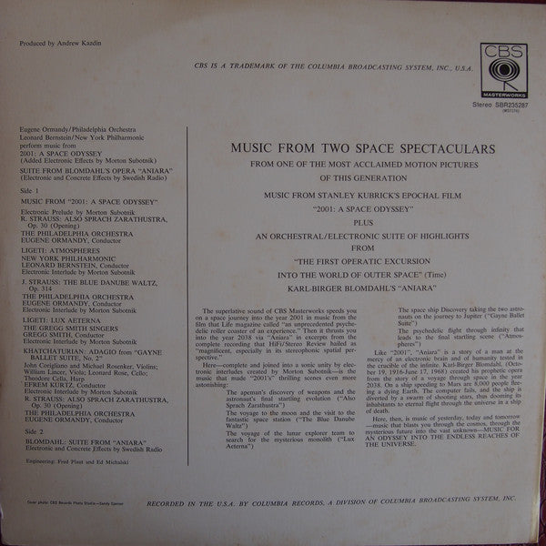 Ormandy*, Philadelphia Orchestra* - Bernstein*, New York Philharmonic — With The Gregg Smith Singers*, Morton Subotnik* / Blohmdahl* — Swedish Radio* : Perform Selections From - 2001 - A Space Odyssey / Music From Blomdahl's Opera - Anaria - An Epic Of Space Flight In 2038 A.D. (LP)