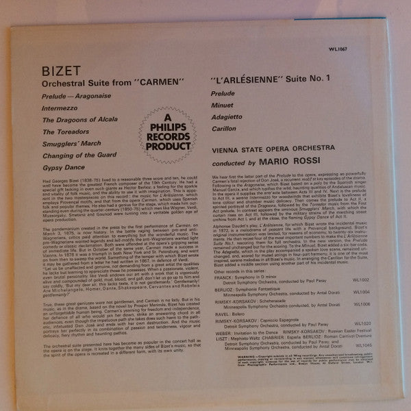 Georges Bizet, Mario Rossi (2) Conducting Orchester Der Wiener Staatsoper : Orchestral Suite From Carmen / L'Arlesienne: Suite No. 1 (LP, Mono)