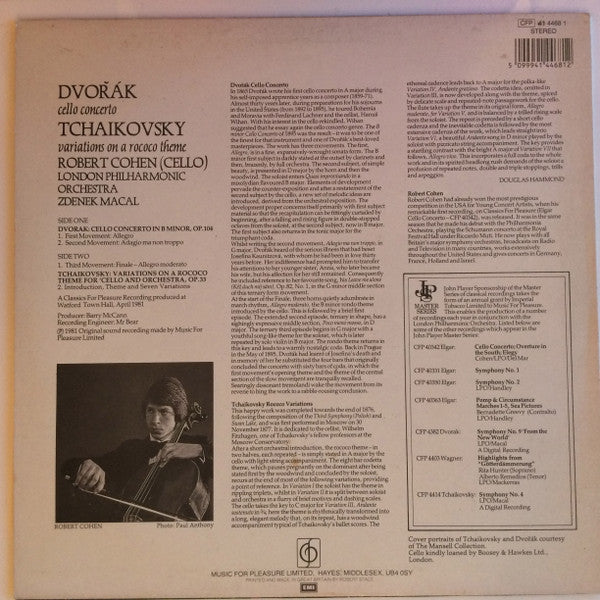 Antonín Dvořák, Pyotr Ilyich Tchaikovsky, Robert Cohen, London Philharmonic Orchestra, Zdeněk Mácal : Cello Concerto / Variations On A Rococo Theme (LP, RE)