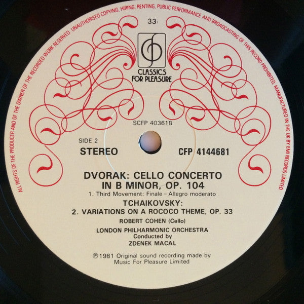 Antonín Dvořák, Pyotr Ilyich Tchaikovsky, Robert Cohen, London Philharmonic Orchestra, Zdeněk Mácal : Cello Concerto / Variations On A Rococo Theme (LP, RE)