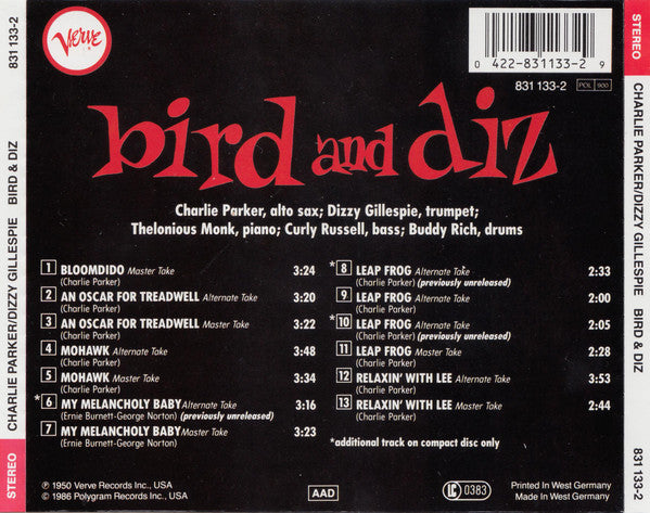 Charlie Parker / Dizzy Gillespie : Bird And Diz (CD, Album, RE, RM)
