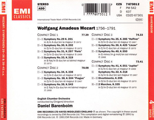 Mozart*, English Chamber Orchestra, Daniel Barenboim : Mozart Symphonien 29-36 & 38-41 / Divertimento, K.205 (4xCD, Comp, RM)