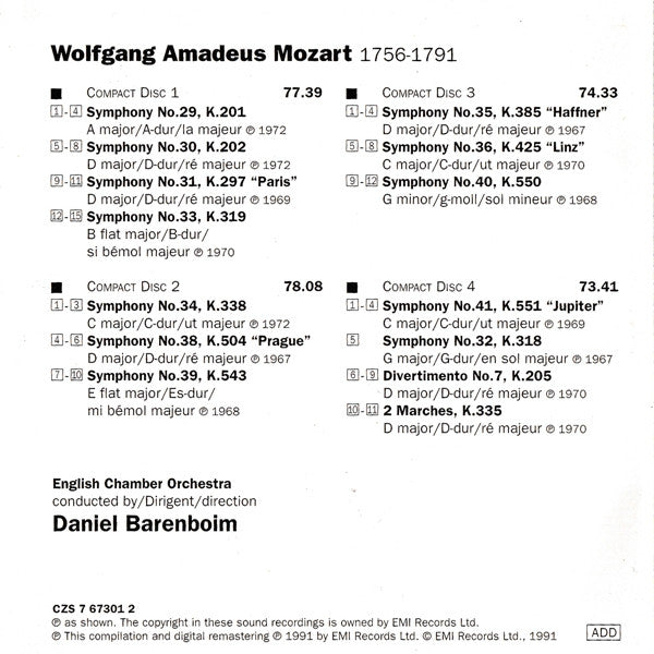 Mozart*, English Chamber Orchestra, Daniel Barenboim : Mozart Symphonien 29-36 & 38-41 / Divertimento, K.205 (4xCD, Comp, RM)