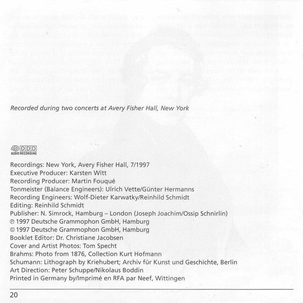 Brahms* / Schumann* - Anne-Sophie Mutter, New York Philharmonic, Kurt Masur : Violinkonzert / Fantasie Op. 131 (CD, Album)