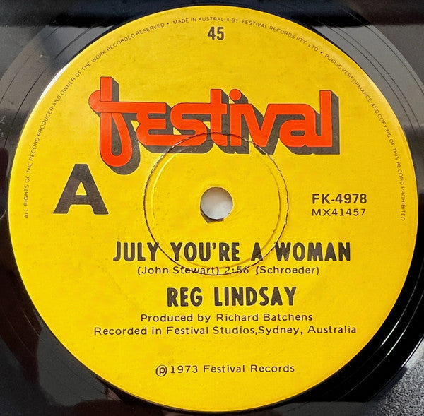 Reg Lindsay : July You're A Woman (7", Single)