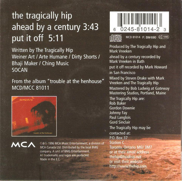 The Tragically Hip : Ahead By A Century (CD, Single, Car)