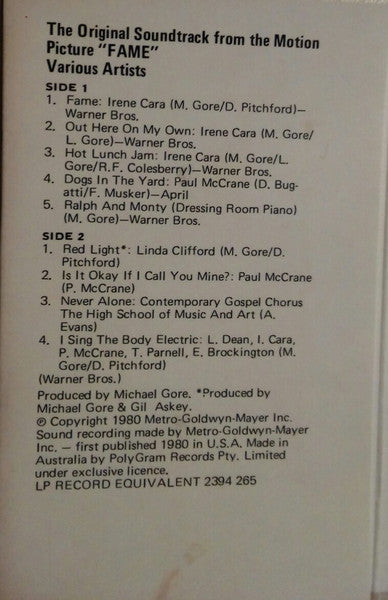 Various : Fame (The Original Soundtrack From The Motion Picture) (Cass, Album)