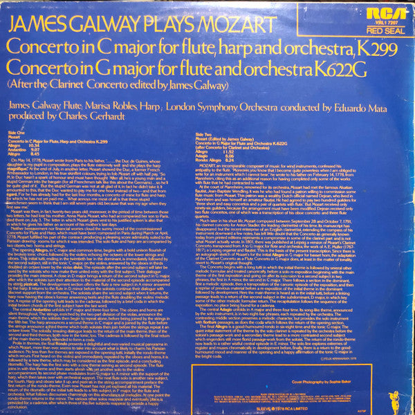James Galway Plays Wolfgang Amadeus Mozart with Marisa Robles, London Symphony Orchestra, Eduardo Mata : Flute & Harp Concerto K299 / Flute Concerto K622G (LP, Album)