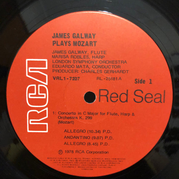 James Galway Plays Wolfgang Amadeus Mozart with Marisa Robles, London Symphony Orchestra, Eduardo Mata : Flute & Harp Concerto K299 / Flute Concerto K622G (LP, Album)