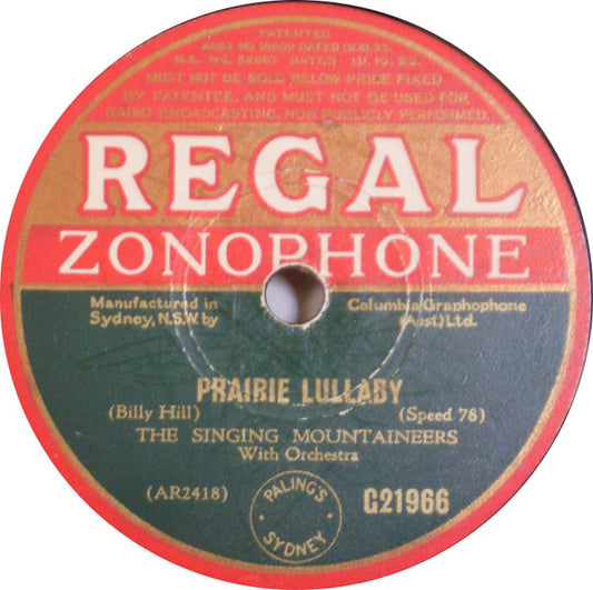 The Singing Mountaineers : Prairie Lullaby / Home On The Range (Shellac, 10")