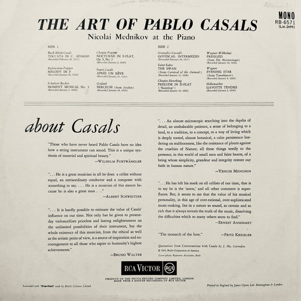 Pablo Casals : The Art Of Pablo Casals (LP, Comp, Mono)