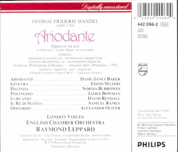 Georg Friedrich Händel - Janet Baker, Edith Mathis, Norma Burrowes, James Bowman (2), David Rendall, Samuel Ramey, Alexander Oliver, English Chamber Orchestra And London Voices, Raymond Leppard : Ariodante (3xCD, Album, RE + Box, Sli)