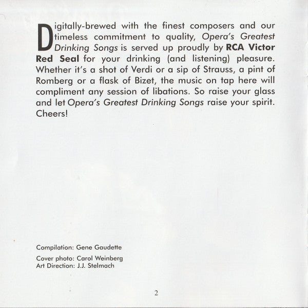 Various : Opera's Greatest Drinking Songs And Other Intoxicating Melodies (CD, Comp)