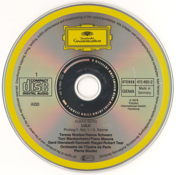 Alban Berg - Teresa Stratas • Yvonne Minton • Hanna Schwarz • Franz Mazura • Kenneth Riegel • Toni Blankenheim • Robert Tear • Helmut Pampuch • Orchestre De L'Opéra De Paris* • Pierre Boulez : Lulu (3xCD, Album, RE, RM, RP + Box)