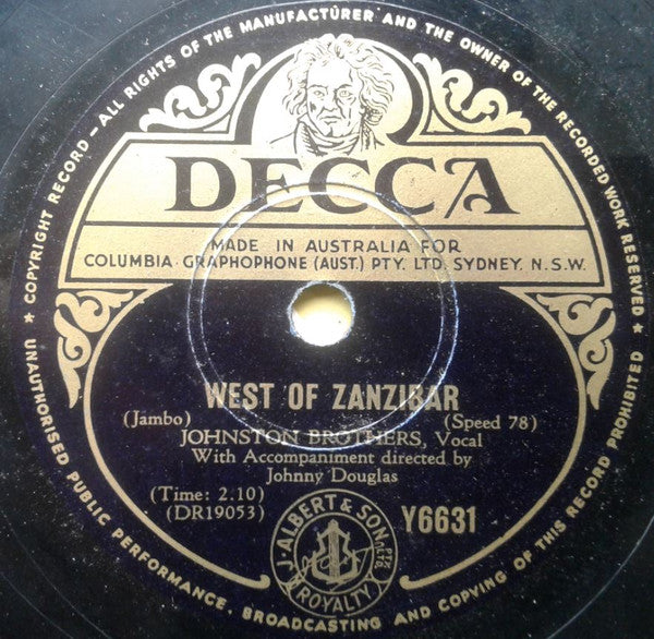The Johnston Brothers :  West Of Zanzibar / Sh-Boom  (Shellac, 10")