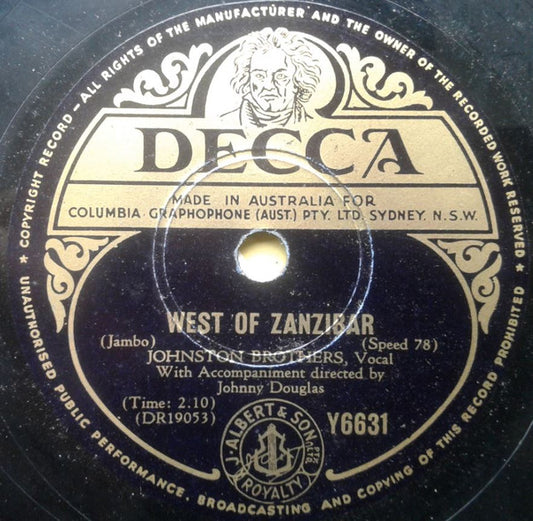 The Johnston Brothers :  West Of Zanzibar / Sh-Boom  (Shellac, 10")